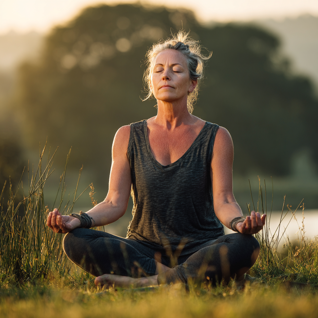 Middle-aged woman practicing gentle yoga poses in serene natural setting