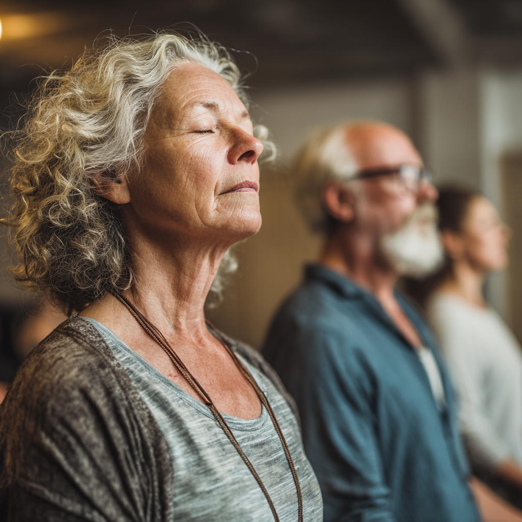 Older adults practicing mindful breathing exercises in peaceful studio environment